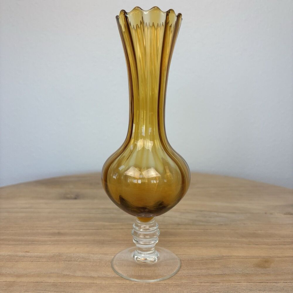 Vintage Art Glass Bud Vase Yellow Amber Clear Stem Hand Blown Scalloped Edge